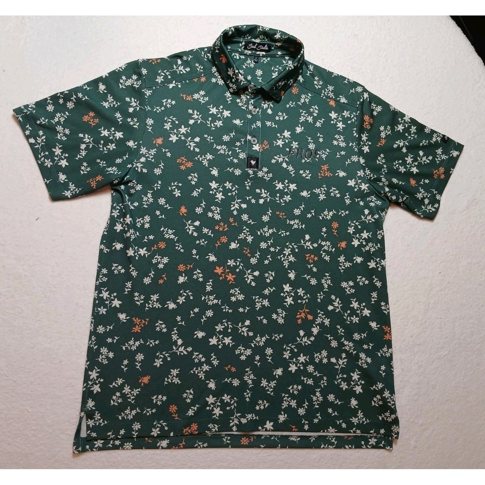 Bad Birdie Polo Shirt Mens Small Green Orange Floral All Over Print Performance